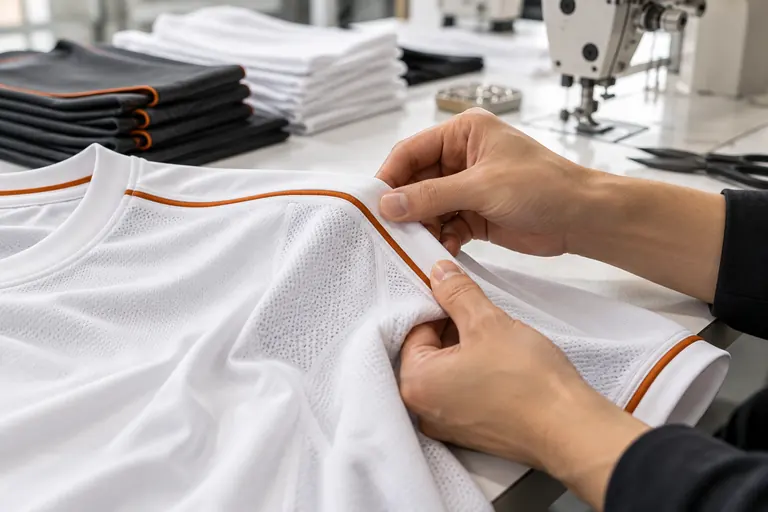 Checking the fabric and seams of a technical jersey