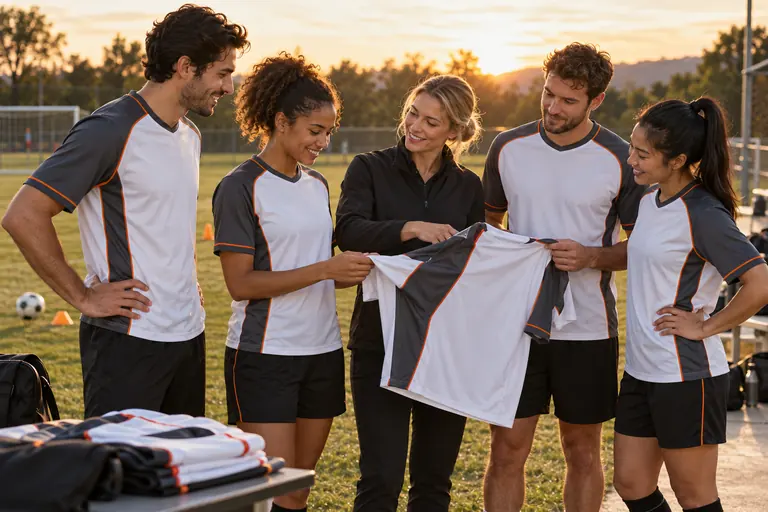 A team discussing their custom football kit
